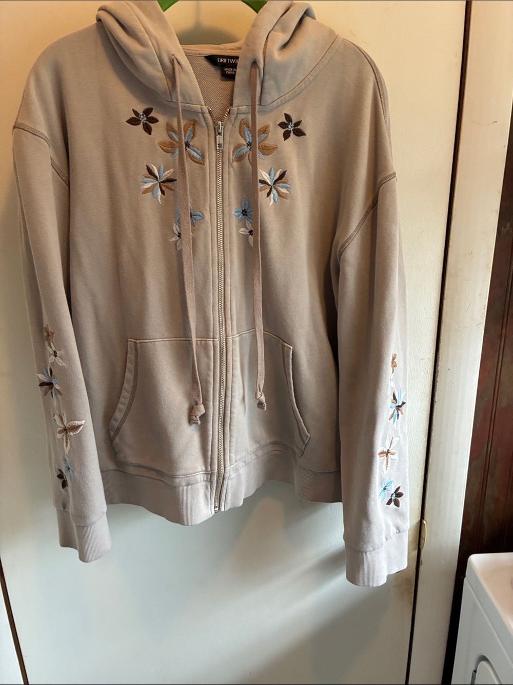 DRIFTWOOD Light Beige Zip-Up Hoodie with Floral Embroidery